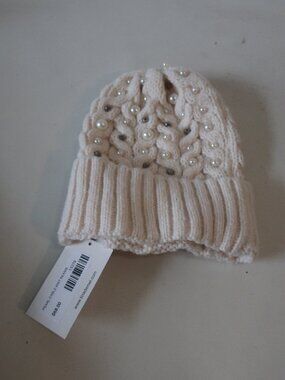 NWT Womens Tina Demel Ivory Pearl Bead Rhinestone Cable Knit Beanie Hat OS